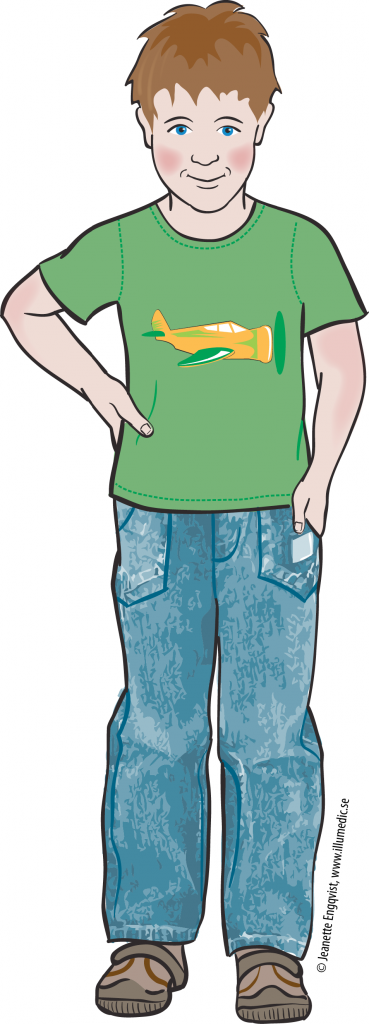 Elias är en 5 årig kille med brunt hår som har en grönt t-shirt med flygplan och en jeans på sig.