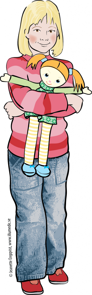Moa är en ca 7 års ung, blond tjej med röd ringlad tröja som håller sin docka i armen