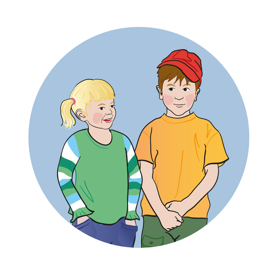 Målgruppsbild för barn visar Moa och Elias, en blond ung tjej inklädd i grön tröja och en kille med orange t-shirt och röd käps.